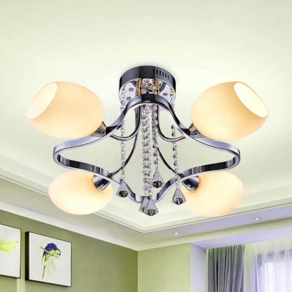 Modern Chrome Dome Bedroom Ceiling Light With White Glass And 4 Lights