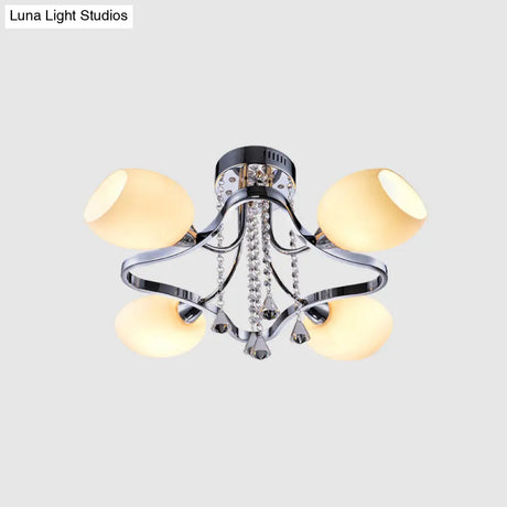 Modern Chrome Dome Bedroom Ceiling Light With White Glass And 4 Lights