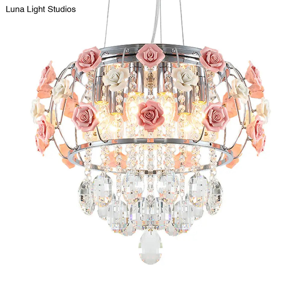 Modern Chrome Drum Cage Pendant Chandelier With Crystalline Pink Rose Accent - Dining Table