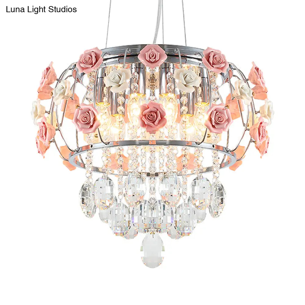 Modern Chrome Drum Cage Pendant Chandelier With 6 Bulbs And Pink Rose Crystal Drape – Dining