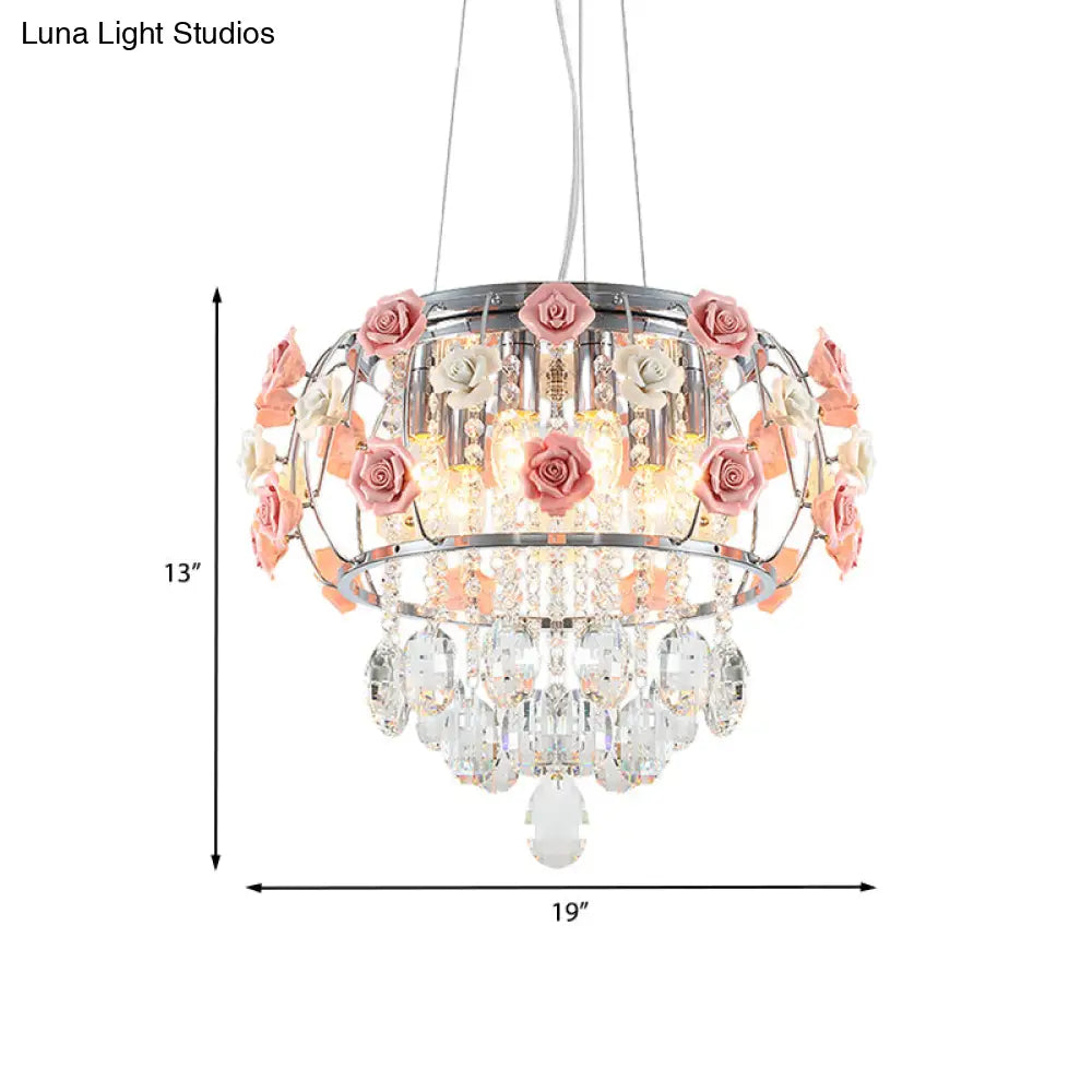 Modern Chrome Drum Cage Pendant Chandelier With 6 Bulbs And Pink Rose Crystal Drape – Dining