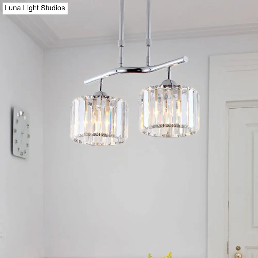 Modern Chrome Drum Crystal Pendant Light For Dining Room Island 2/3 Bulbs Hanging From Ceiling