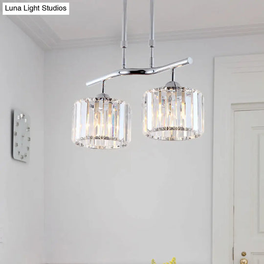 Modern Chrome Drum Crystal Pendant Light For Dining Room Island 2/3 Bulbs Hanging From Ceiling