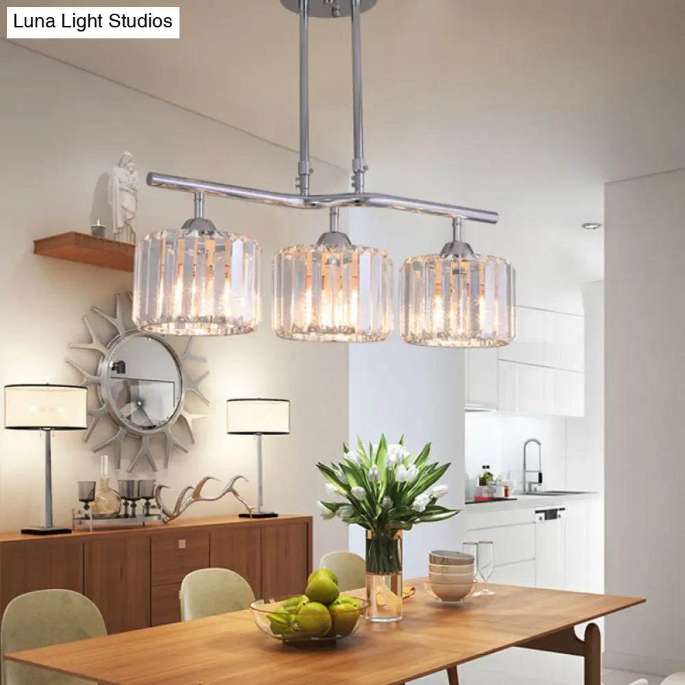 Modern Chrome Drum Crystal Pendant Light For Dining Room Island 2/3 Bulbs Hanging From Ceiling