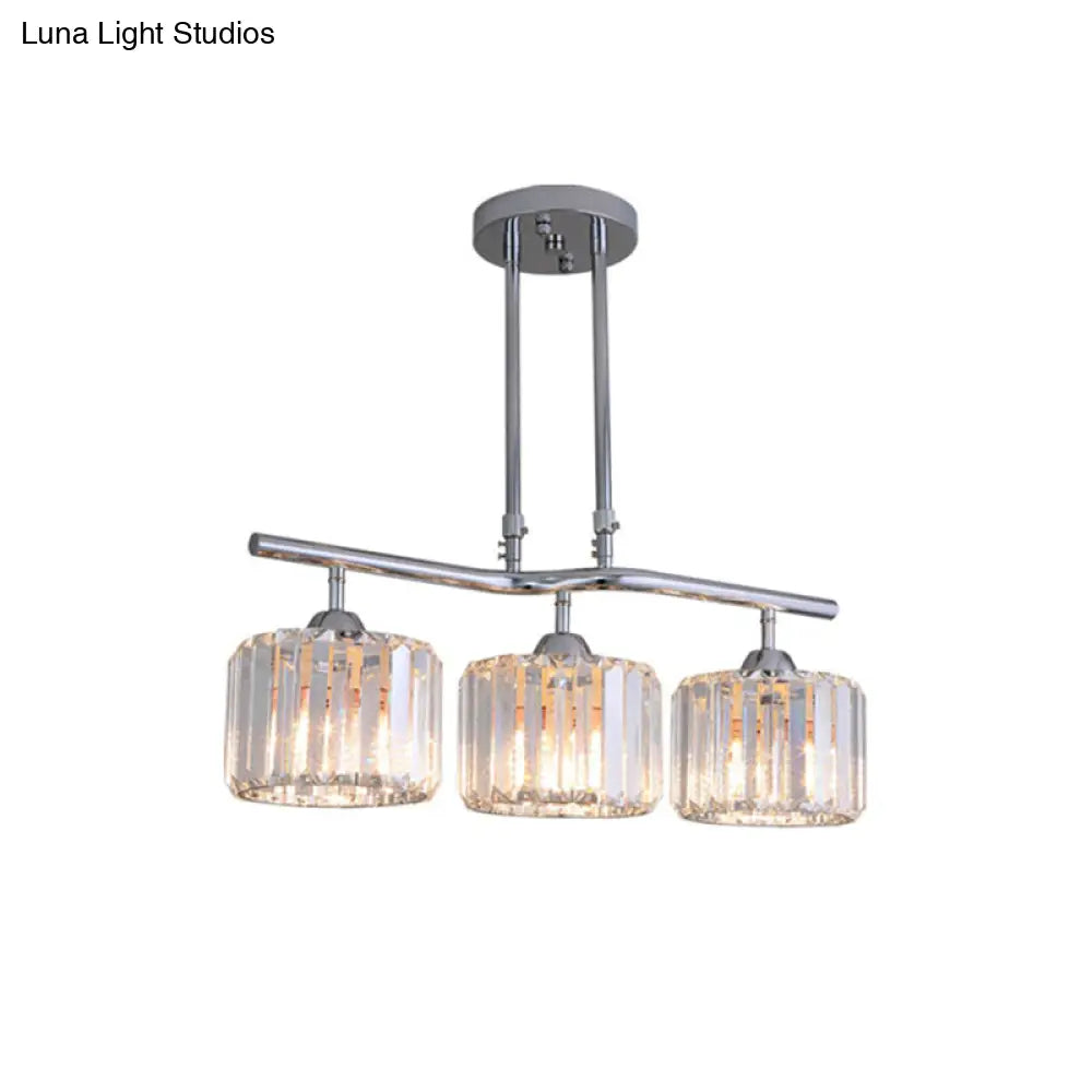 Modern Chrome Drum Crystal Pendant Light For Dining Room Island 2/3 Bulbs Hanging From Ceiling