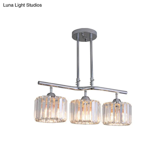 Modern Chrome Drum Crystal Pendant Light For Dining Room Island 2/3 Bulbs Hanging From Ceiling