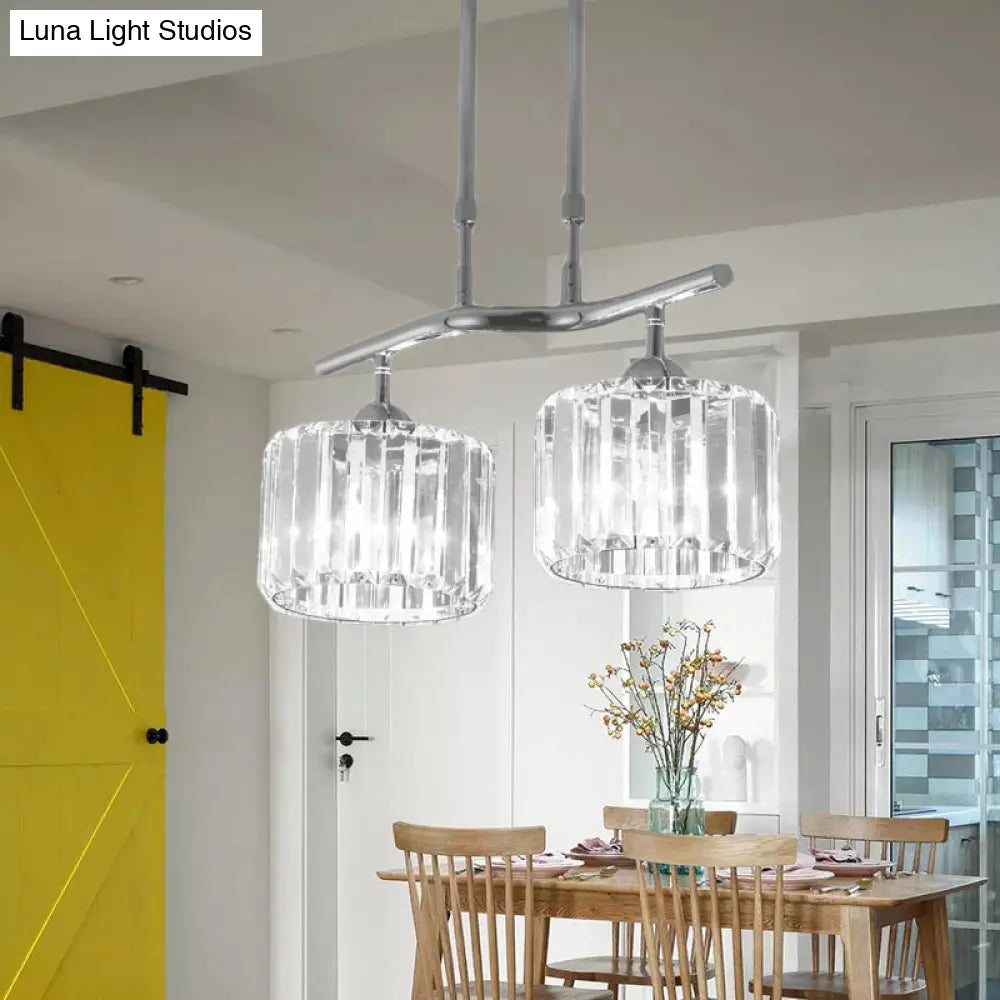 Modern Chrome Drum Crystal Pendant Light For Dining Room Island 2/3 Bulbs Hanging From Ceiling