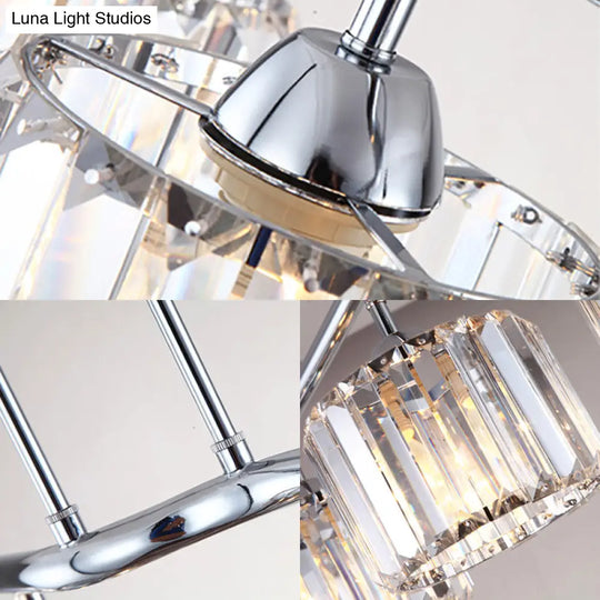 Modern Chrome Drum Crystal Pendant Light For Dining Room Island 2/3 Bulbs Hanging From Ceiling