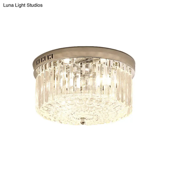 Modern Chrome Drum Flush Light Fixture With 3 Rectangular-Cut Crystal Lights For Bedroom - 10/14