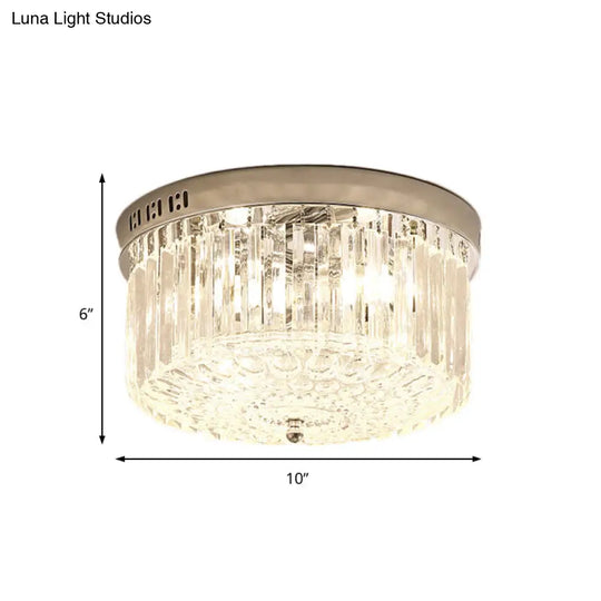 Modern Chrome Drum Flush Light Fixture With 3 Rectangular-Cut Crystal Lights For Bedroom -