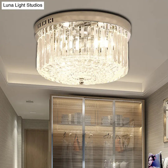 Modern Chrome Drum Flush Light Fixture With 3 Rectangular-Cut Crystal Lights For Bedroom -