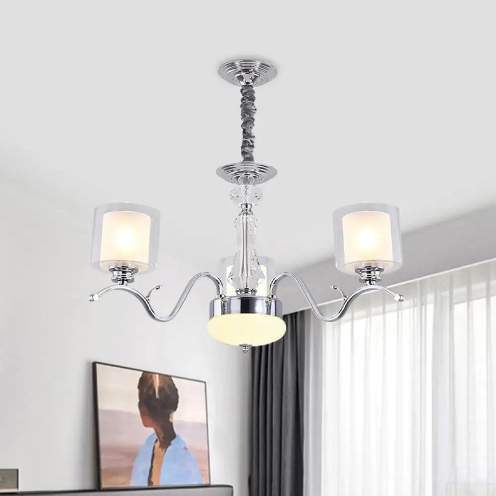 Modern Chrome Dual Cylinder Chandelier With 3 Bulbs Clear And Opal Glass - Ceiling Hanging Fixture