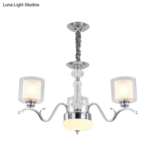 Modern Chrome Dual Cylinder Chandelier With 3 Bulbs Clear And Opal Glass Ceiling Hanging Fixture