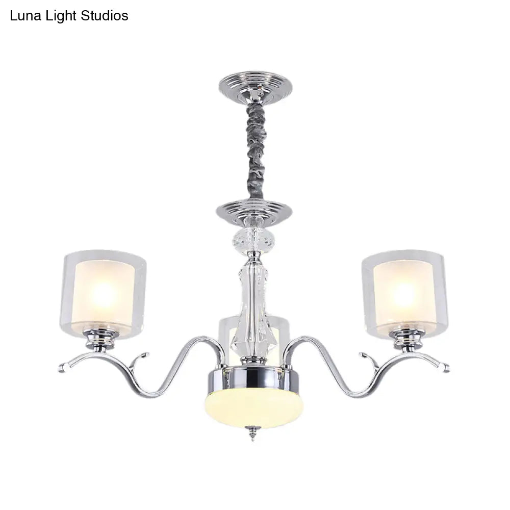 Modern Chrome Dual Cylinder Chandelier With 3 Bulbs Clear And Opal Glass - Ceiling Hanging Fixture