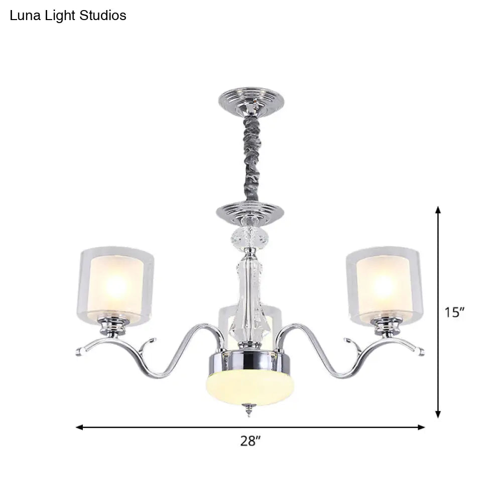 Modern Chrome Dual Cylinder Chandelier With 3 Bulbs Clear And Opal Glass Ceiling Hanging Fixture