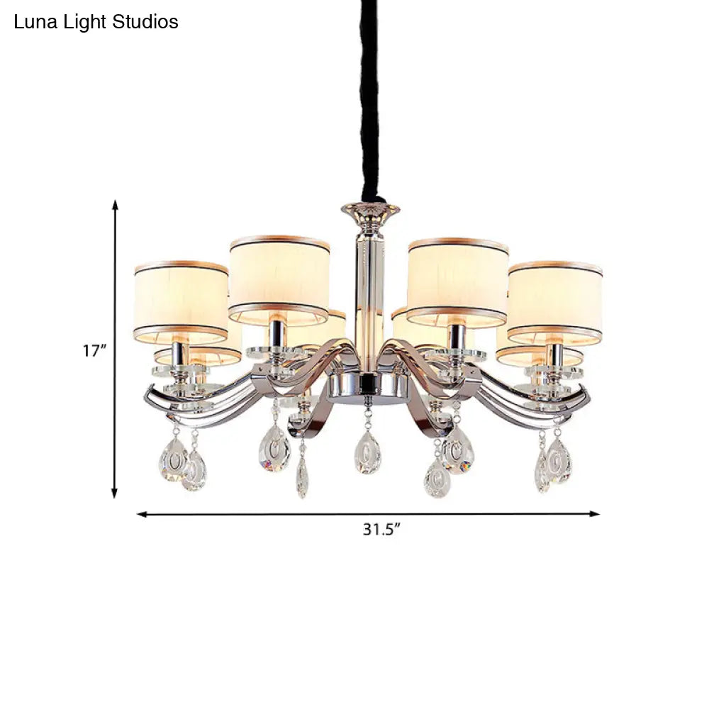 Modern Chrome Finish Chandelier With 8 Bulbs And Metallic Curved Arms - Small Drum Fabric Shade