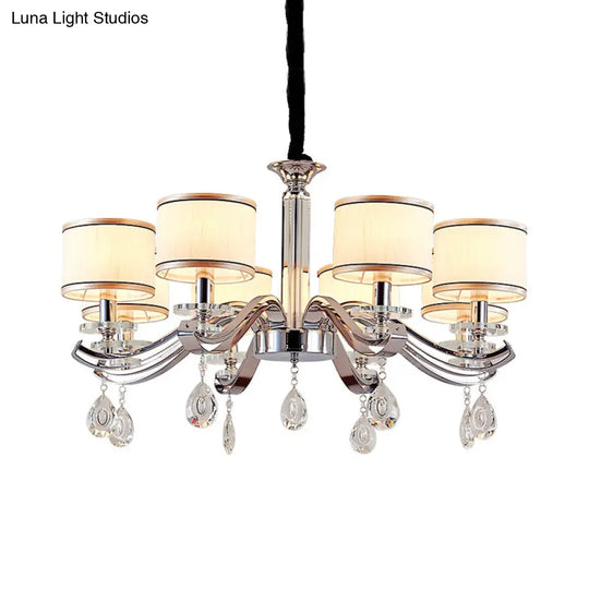 Modern Chrome Finish Chandelier With 8 Bulbs And Metallic Curved Arms - Small Drum Fabric Shade