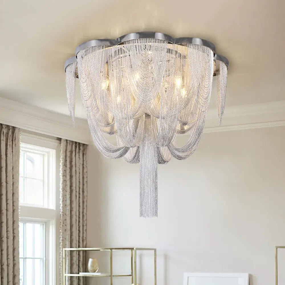 Modern Chrome Finish Flush Mount Ceiling Light | 5 - Light Tassel Chain Chandelier