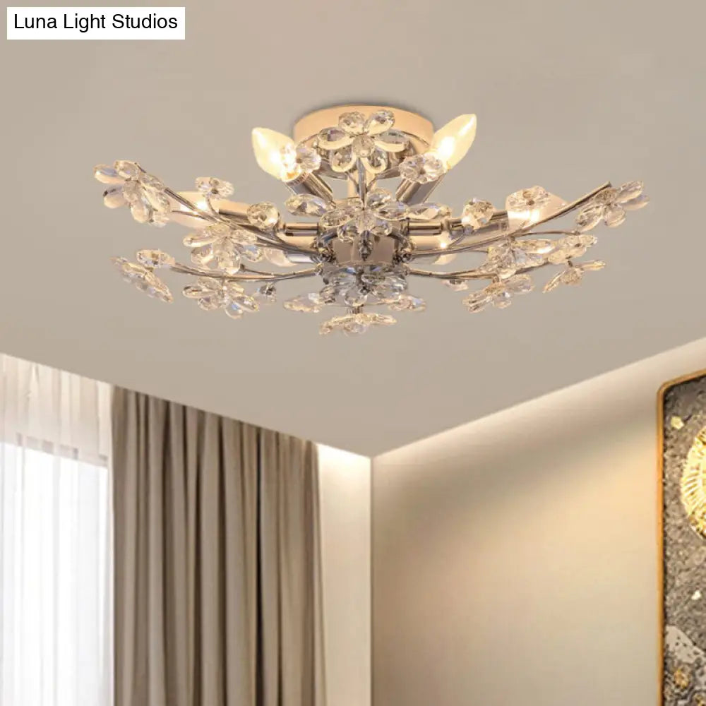 Modern Chrome Finish Semi Flush Mount With 6 Lights & Flower Crystal Accents