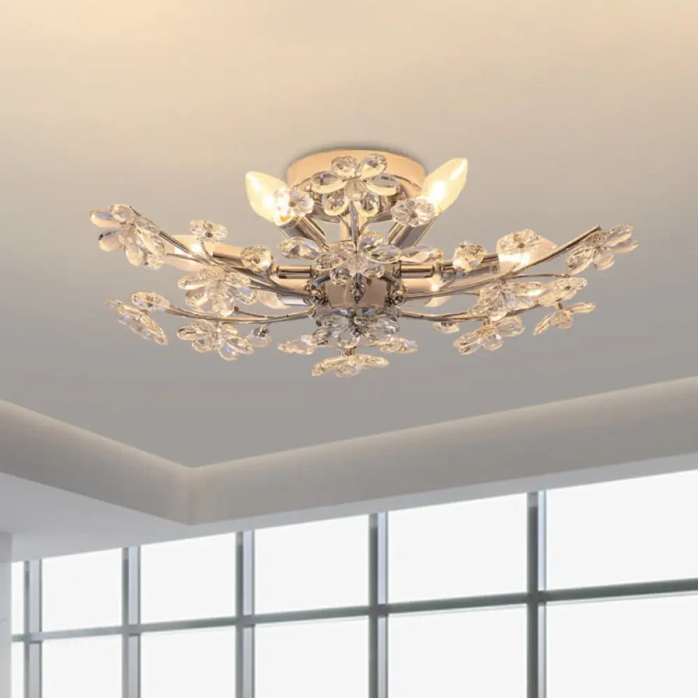 Modern Chrome Finish Semi Flush Mount With 6 Lights & Flower Crystal Accents