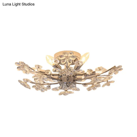 Modern Chrome Finish Semi Flush Mount With 6 Lights & Flower Crystal Accents