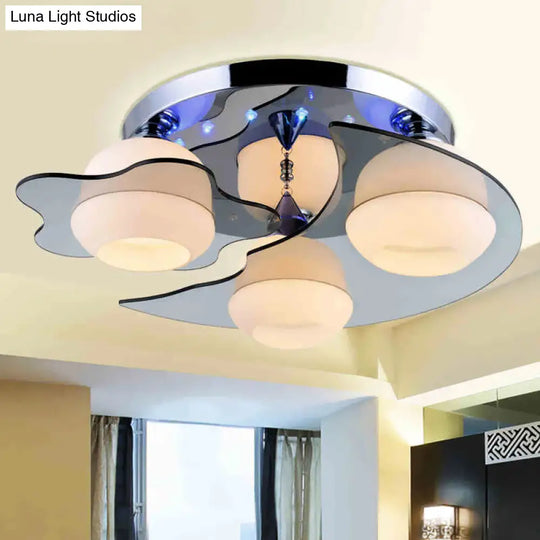Modern Chrome Floral Flushmount Ceiling Light With Crystal Ball Drop - White Glass 3/5-Head Ideal