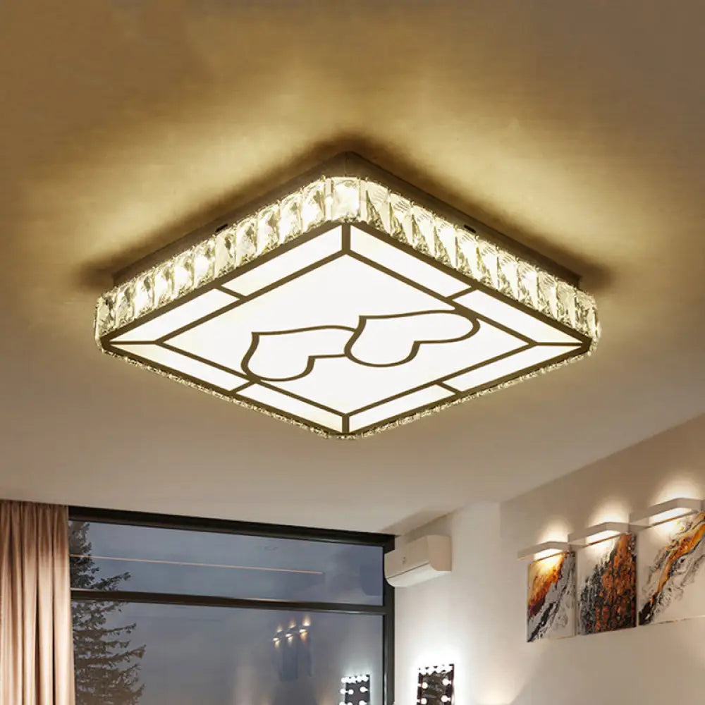 Modern Chrome Flush Mount Ceiling Light With Crystal Led & Artistic Heart Design / Loving