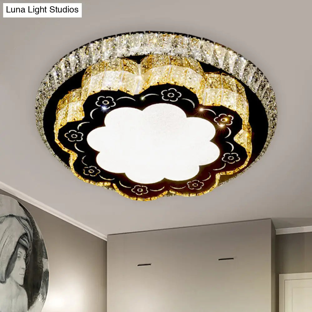 Modern Chrome Flush Mount Ceiling Light With Faceted Glass Floral Design For Bedroom