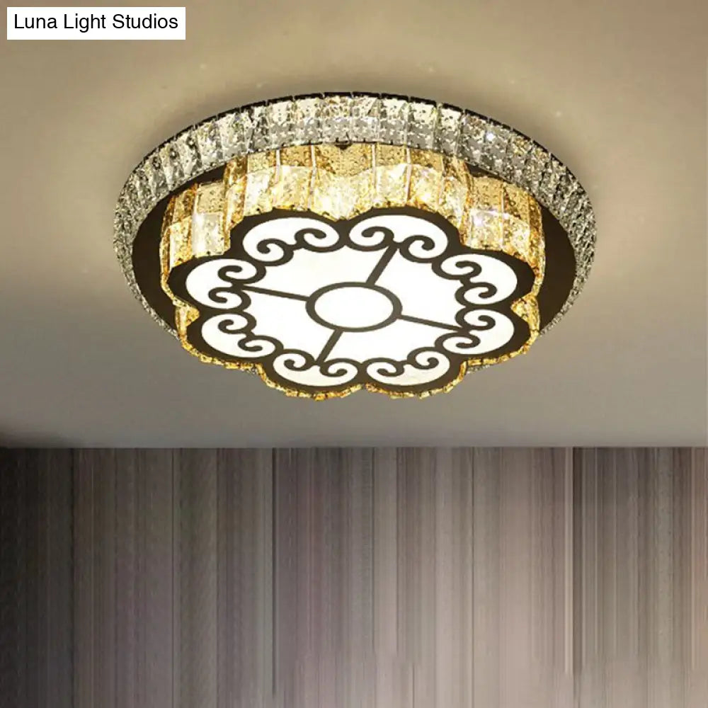 Modern Chrome Flush Mount Ceiling Light With Faceted Glass Floral Design For Bedroom