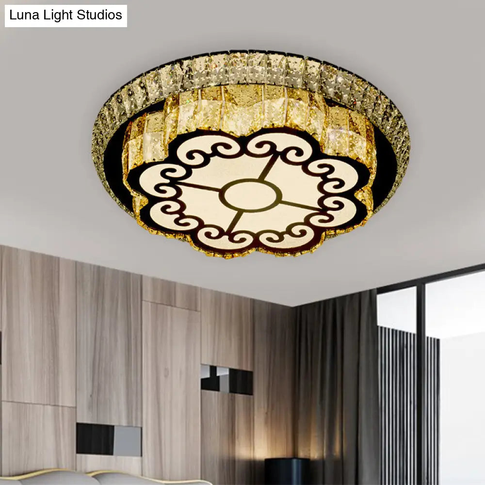 Modern Chrome Flush Mount Ceiling Light With Faceted Glass Floral Design For Bedroom / A