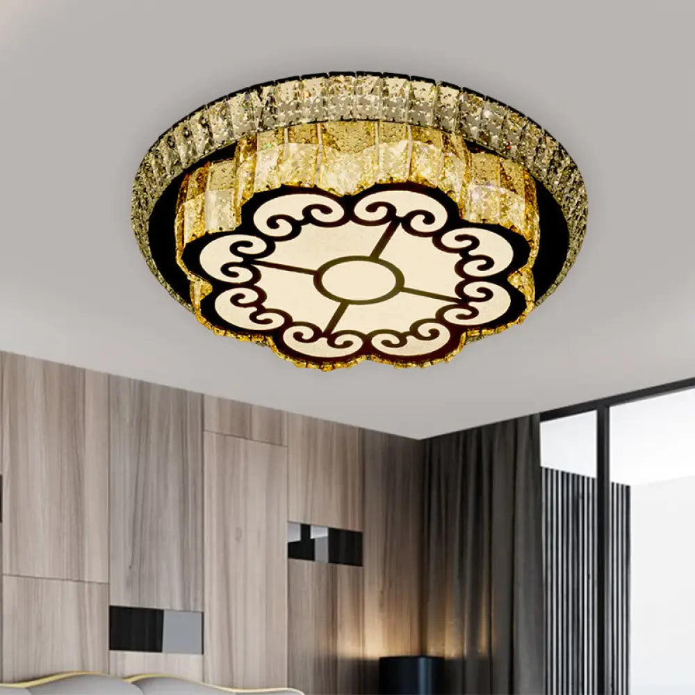 Modern Chrome Flush Mount Ceiling Light With Faceted Glass Floral Design For Bedroom / A