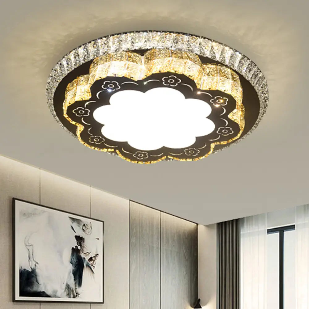 Modern Chrome Flush Mount Ceiling Light With Faceted Glass Floral Design For Bedroom / B
