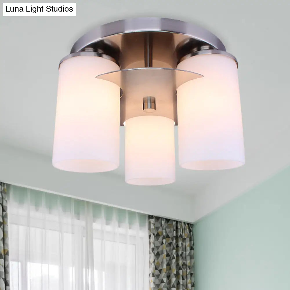 Modern Chrome Flush Mount Lighting - 3 - Light Bedroom Fixture With Cream Glass Shade