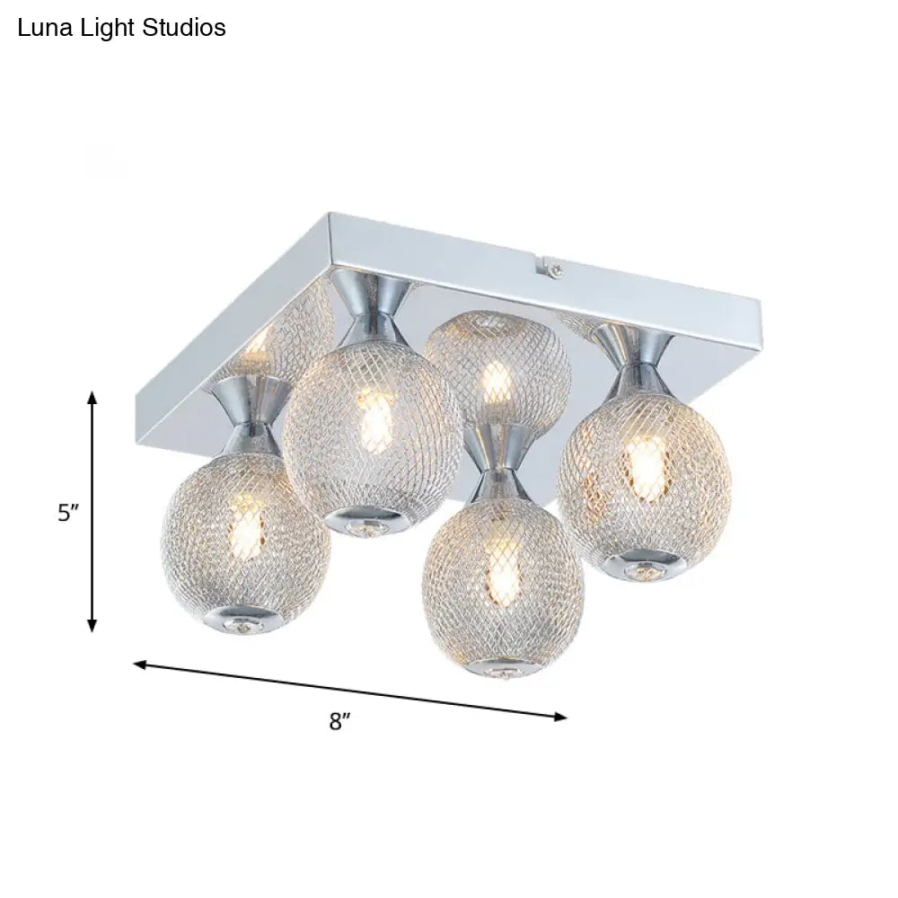 Modern Chrome Flushmount Globe Light With Metal Mesh & Led Illumination - 4 Bulbs