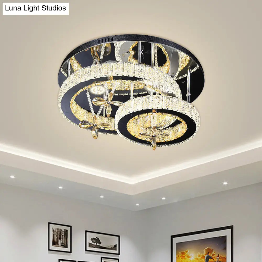 Modern Chrome Led Circle Ceiling Lamp With Cut Crystal Semi-Mount And Remote Stepless Dimming /