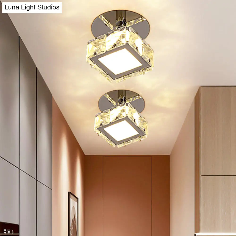 Modern Chrome Led Crystal Block Semi Mount Ceiling Light Fixture - Warm/White Lighting