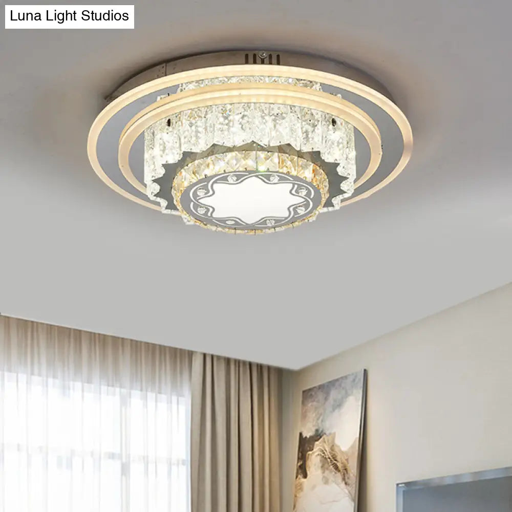 Modern Chrome Led Crystal Flush Mount Ceiling Fixture For Bedroom Featuring Hand-Cut Flower/Star