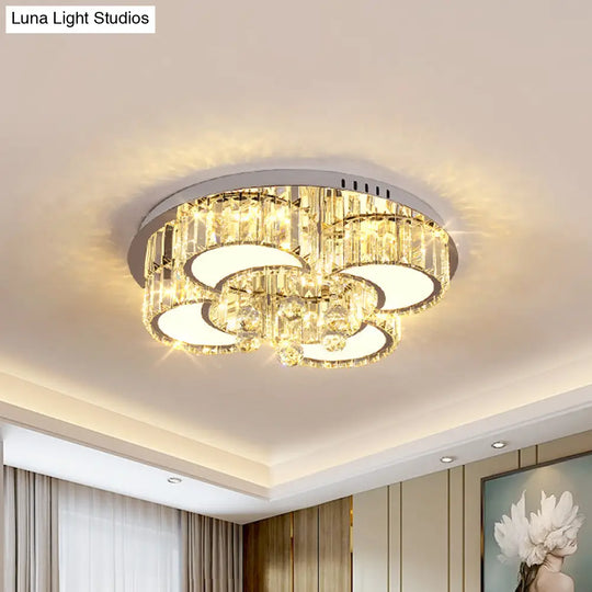 Modern Chrome Led Floral Ceiling Light With Faceted Crystal 18 - 19.5’ Width