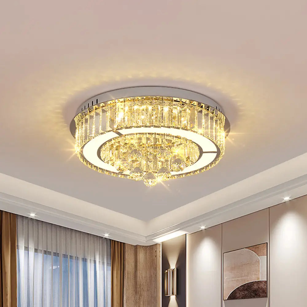 Modern Chrome Led Floral Ceiling Light With Faceted Crystal 18 - 19.5’ Width / 18’