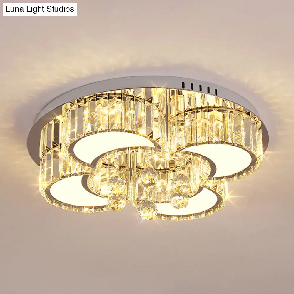 Modern Chrome Led Floral Ceiling Light With Faceted Crystal 18 - 19.5’ Width