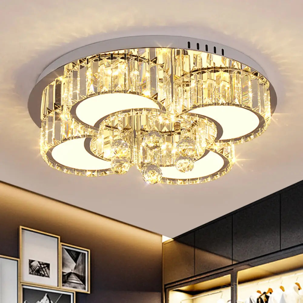 Modern Chrome Led Floral Ceiling Light With Faceted Crystal 18 - 19.5’ Width / 19.5’