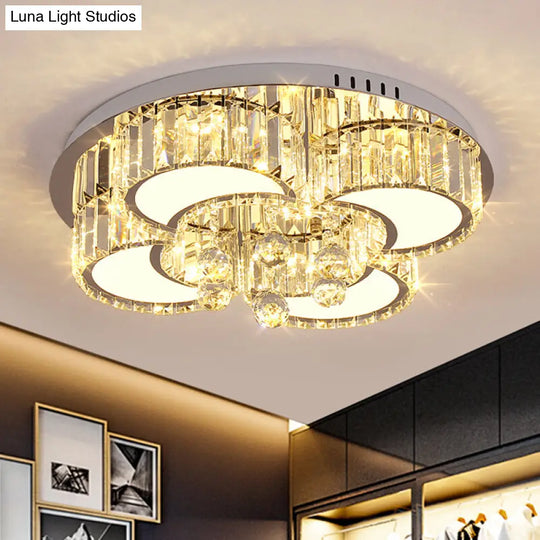 Modern Chrome Led Floral Ceiling Light With Faceted Crystal 18-19.5 Width / 19.5