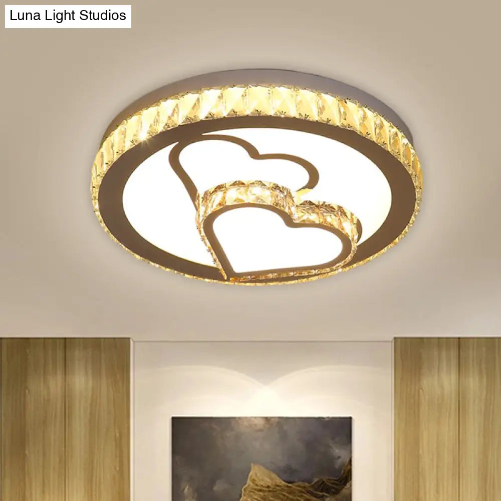 Modern Chrome Led Heart And Round Flush Mount Crystal Ceiling Lamp In Warm/White Light