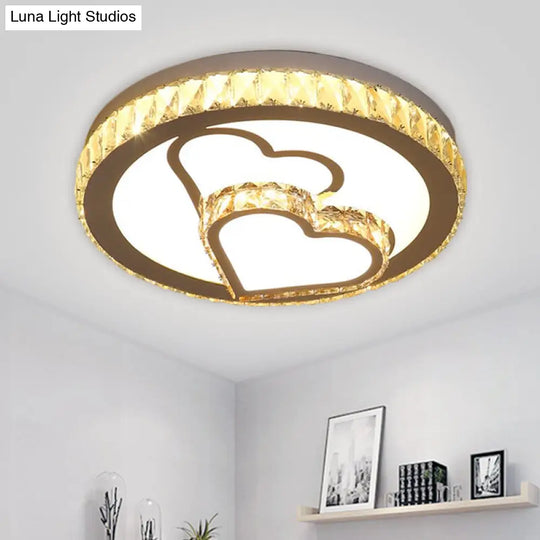 Modern Chrome Led Heart And Round Flush Mount Crystal Ceiling Lamp In Warm/White Light / Warm