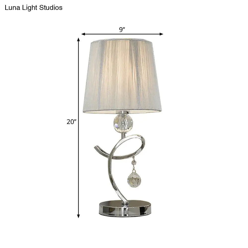 Modern Chrome Led Night Table Lamp With Crystal Droplet - Fabric Barrel Shade Task Lighting