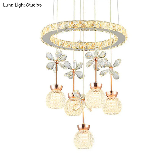 Modern Chrome Led Pendant Light With Clear Beveled Crystal Dome Ring Pendulum And Flower Design