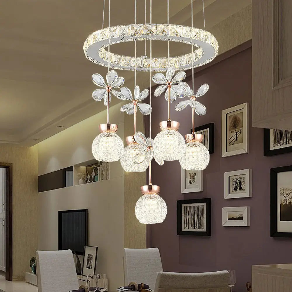 Modern Chrome Led Pendant Light With Crystal Dome And Ring Design