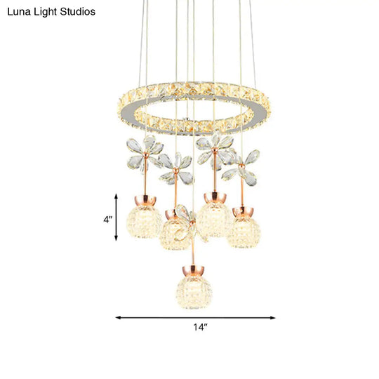 Modern Chrome Led Pendant Light With Clear Beveled Crystal Dome Ring Pendulum And Flower Design