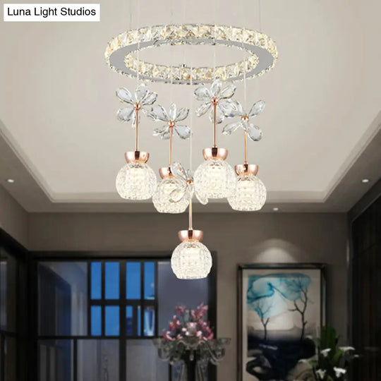 Modern Chrome Led Pendant Light With Clear Beveled Crystal Dome Ring Pendulum And Flower Design