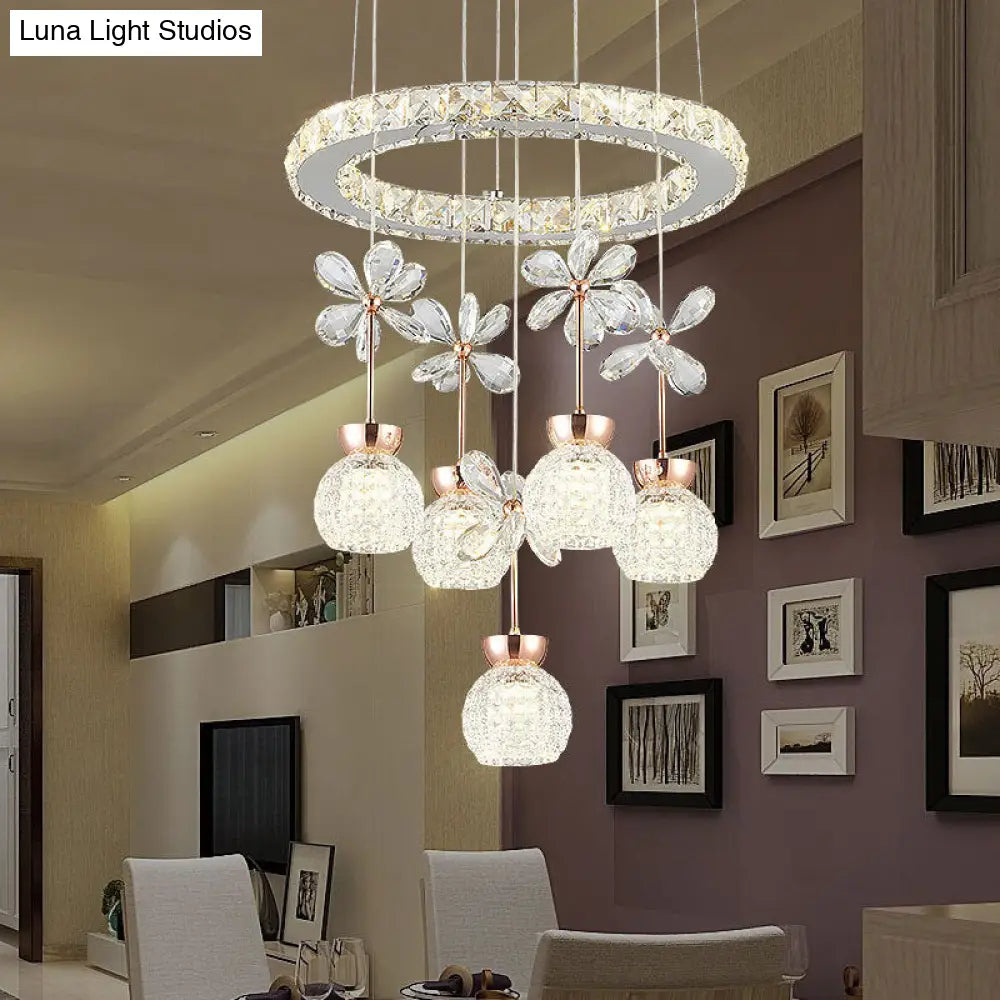 Modern Chrome Led Pendant Light With Clear Beveled Crystal Dome Ring Pendulum And Flower Design